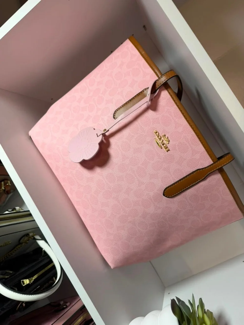 Coach Pink Signature Tote with Tan Leather Trim and Gold Logo